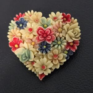Vintage Multi Colored Carved Celluloid Floral Heart Scarf Clip Signed Japan